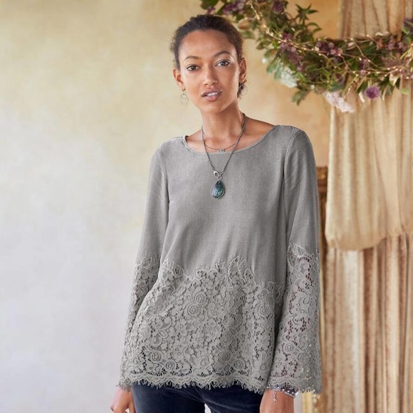 Sundance Tops - Sundance Floral Lace Cascade Velvet Blouse Bell Sleeve Gray Size Large H14079